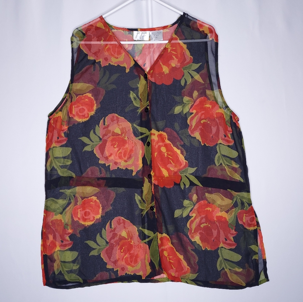 Jo Joan Sheer Sleeveless Drawstring Waist Overlay Top 3X Romantic Floral‎ Button